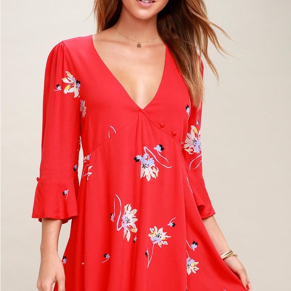 Free People Time On My Side Red Floral Print Wrap Dress - Size Small dresses - Picture 8 of 9